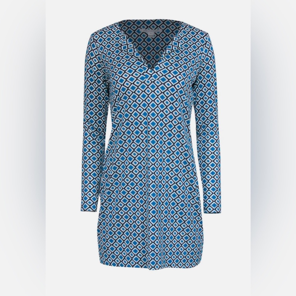 Diane Von Furstenberg - Teal, Navy & White Geometric Print Shift Dress